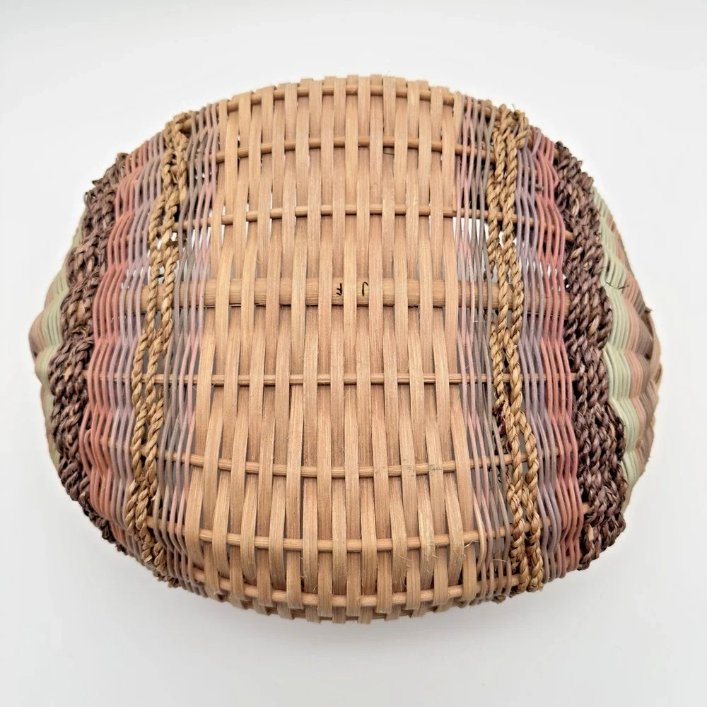 Vintage Hand Woven Basket Rattan Seagrass Artisan Signed 16.5 x 11.75 x 5